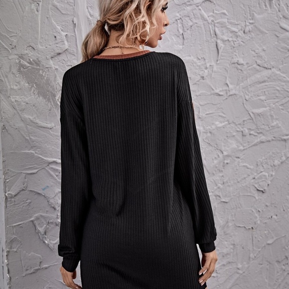Cozy brown Tan color block ribbed long sleeve dress - Picture 4 of 6